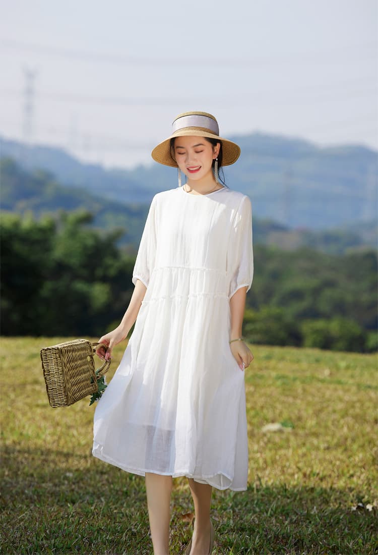 고급 센스 화이트 라미 드레스 여름 문예 루즈핏 면 린넨 사진 찍기 요정 가스 큰 진자 휴가 해변 치마 이미지 4