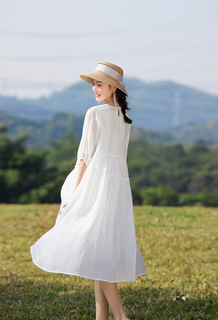 고급 센스 화이트 라미 드레스 여름 문예 루즈핏 면 린넨 사진 찍기 요정 가스 큰 진자 휴가 해변 치마 상세 이미지 2