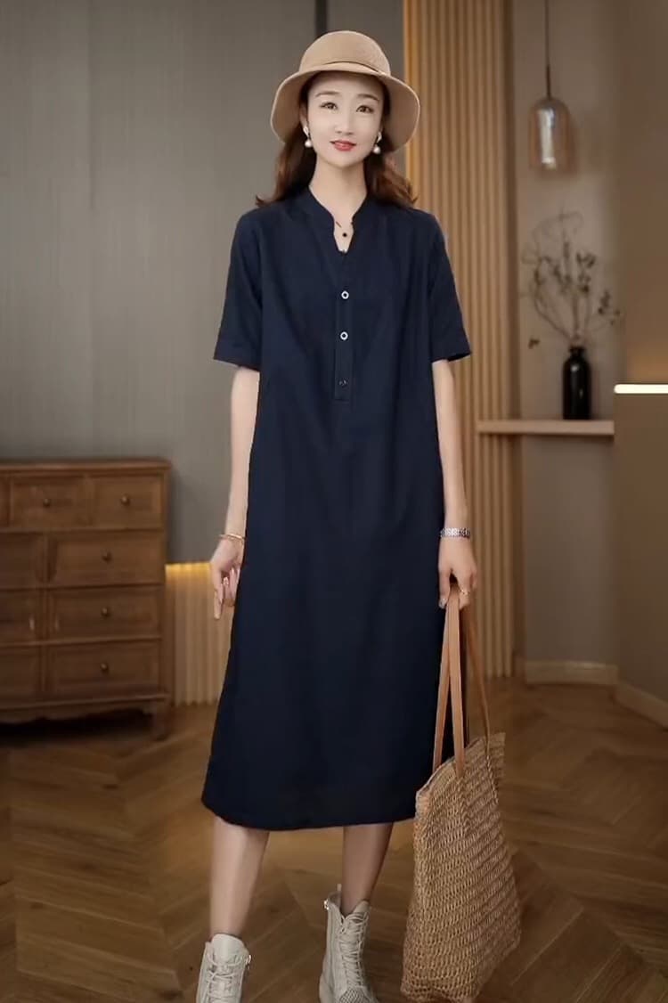 패션 품격 반팔 드레스 캐주얼 엄마 표지 배 연령 감소 다용도 루즈핏 스트레이트 중간 길이 스커트 상세 이미지 4