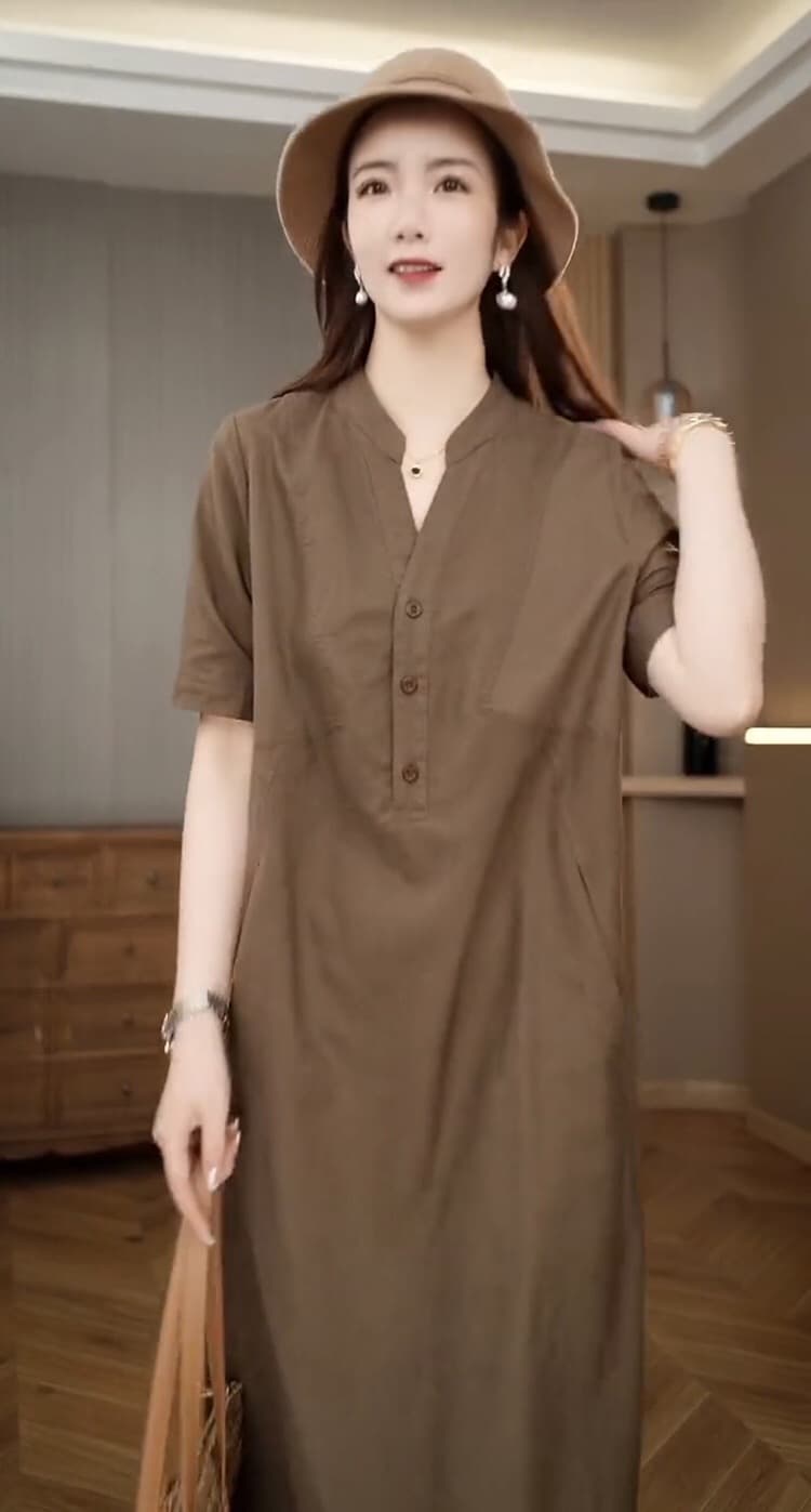 패션 품격 반팔 드레스 캐주얼 엄마 표지 배 연령 감소 다용도 루즈핏 스트레이트 중간 길이 스커트 상세 이미지 7