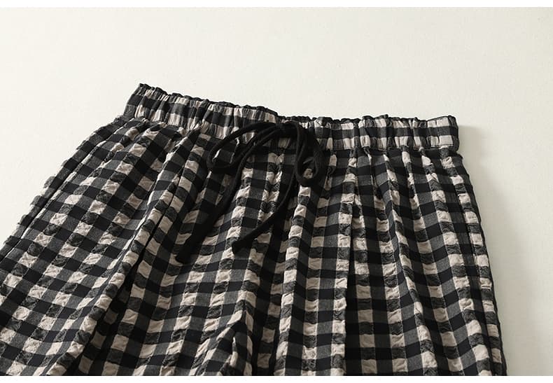실사 루즈핏 캐주얼 체크무늬 허리밴드 펌프 로프 레트로 넓은 다리 길이 바지 상세 이미지 10