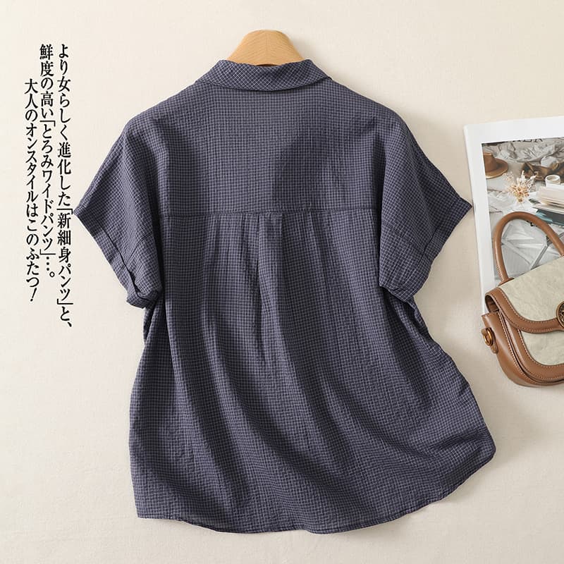 실사 레트로 스타일 체크무늬 리본 칼라 셔츠 여자 작은 대중 Chic 잘 생긴 루즈핏 반팔 작은 셔츠 맨위 이미지 2