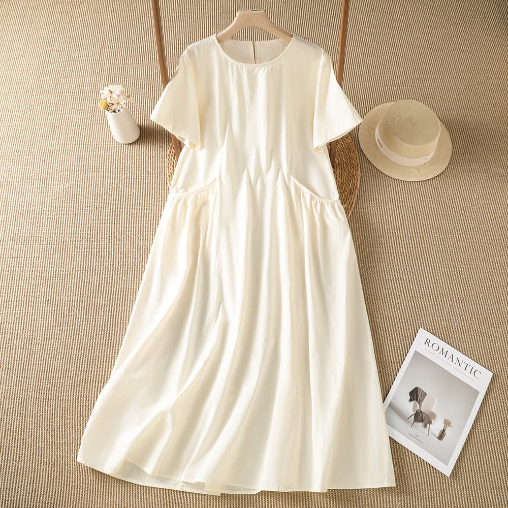 실사 라운드 넥 반팔 허리 수축 드레스 지방 mm 고급 디자인 센스 품격 슬림해 보이는 길다 치마