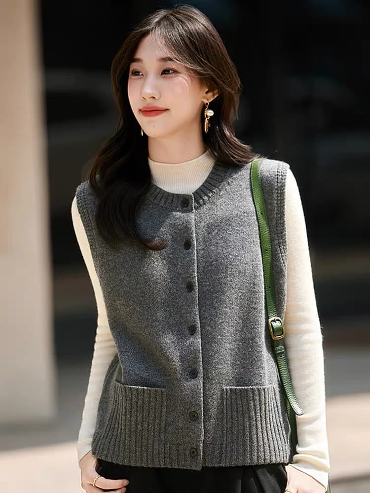 고급 양모 니트 조끼 여자 오픈 가디건 2025 새로운 스택 착용 만나는 인사이드 가져 가라. 민소매 스웨터 어깨 트렌디
