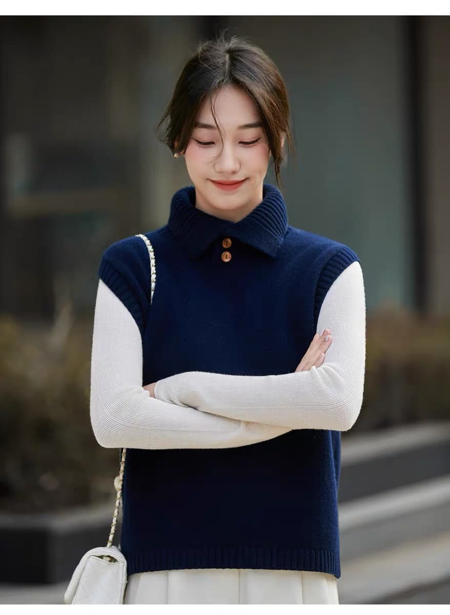 겨울 터틀넥 양모 단색 베스트 다용도 민소매 미니멀리즘 맨위 캐주얼 세련된 스택 착용 조끼 편안함 상세 이미지 16