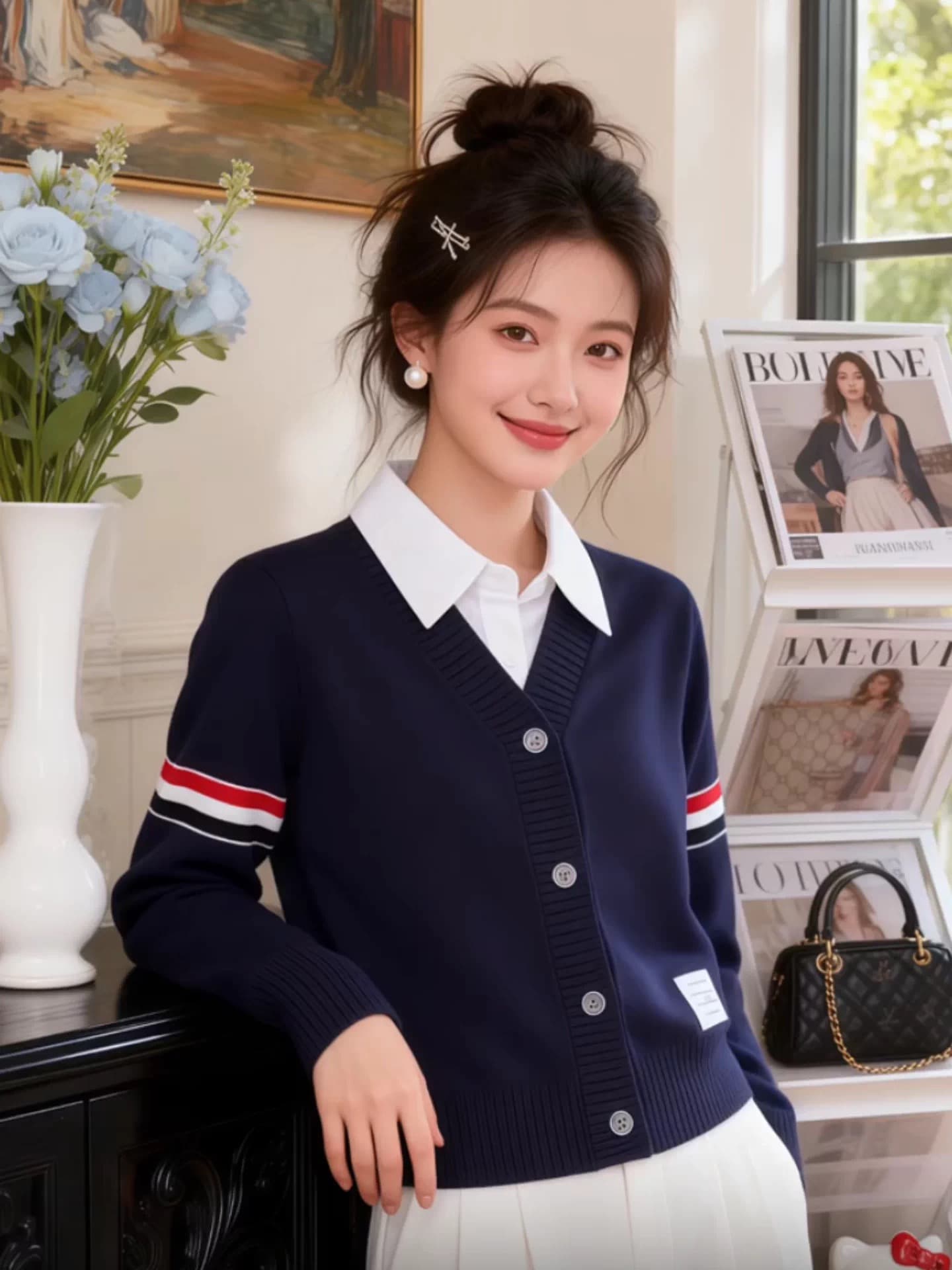 학원 스타일 페이크 레이어드 니트 오픈 가디건 여성 봄 가을 회색 스트라이프 폴로 칼라 스웨터 코트 다용도 고급 센스 맨위 상세 이미지 2