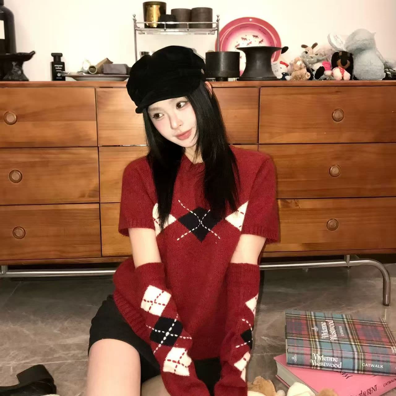 한 부서 레트로 링 그리드 디자인 센스 라운드 넥 반팔 스웨터 경기 같은 색상 소매 커버 상세 이미지 1