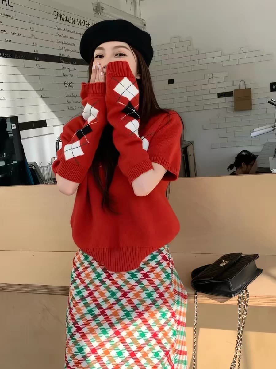 한 부서 레트로 링 그리드 디자인 센스 라운드 넥 반팔 스웨터 경기 같은 색상 소매 커버 상세 이미지 2