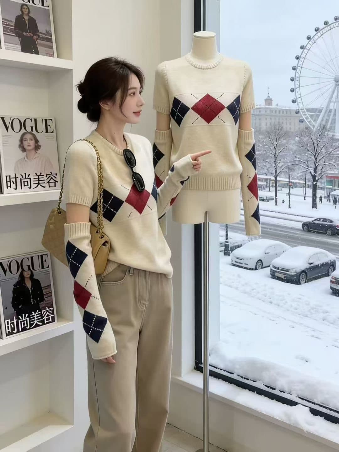 한 부서 레트로 링 그리드 디자인 센스 라운드 넥 반팔 스웨터 경기 같은 색상 소매 커버 상세 이미지 3