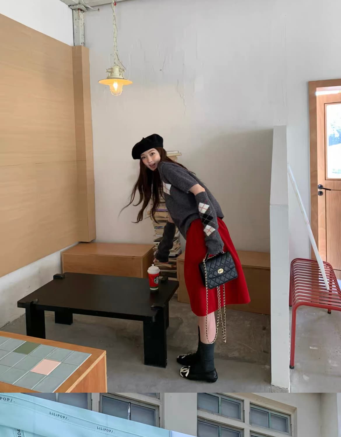 한 부서 레트로 링 그리드 디자인 센스 라운드 넥 반팔 스웨터 경기 같은 색상 소매 커버 상세 이미지 7