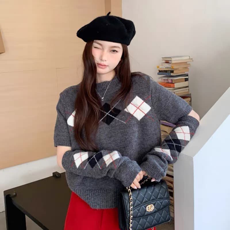 한 부서 레트로 링 그리드 디자인 센스 라운드 넥 반팔 스웨터 경기 같은 색상 소매 커버 상세 이미지 8