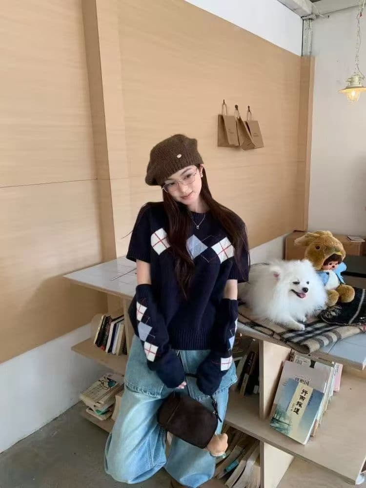 한 부서 레트로 링 그리드 디자인 센스 라운드 넥 반팔 스웨터 경기 같은 색상 소매 커버 상세 이미지 11