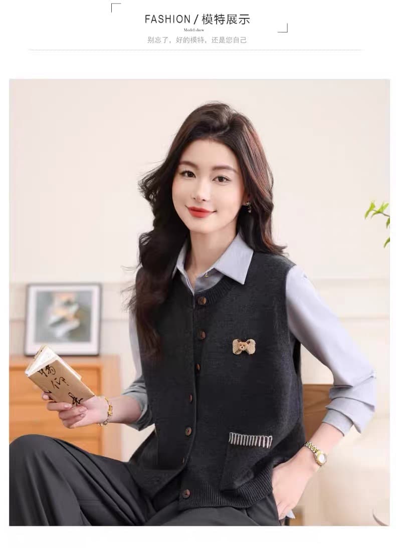 2026 새로운 민소매 니트 스웨터 조끼 여성 봄 가을 패션 연령 감소 어깨 스택 착용 폭발 만나는 베스트 외부 가져 가라. 상세 이미지 7