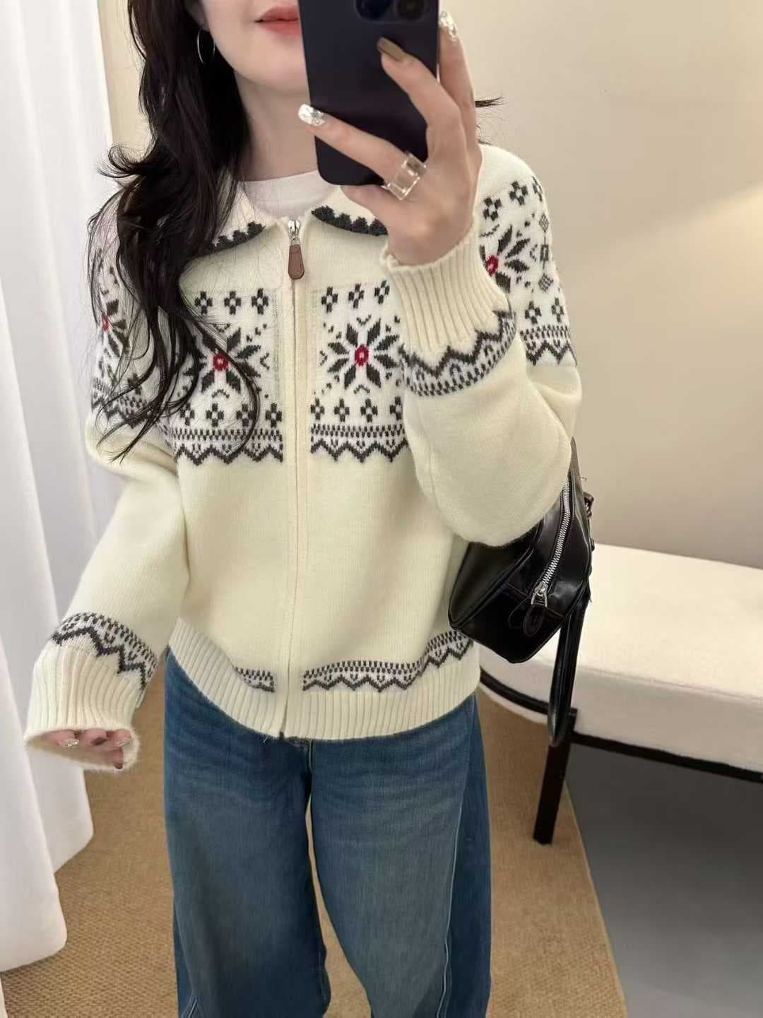 공정한 섬 바람 레트로 자카드 폴로 칼라 지퍼 니트 오픈 가디건 여성 빨간색 보온 두꺼운 스웨터 코트 상세 이미지 14