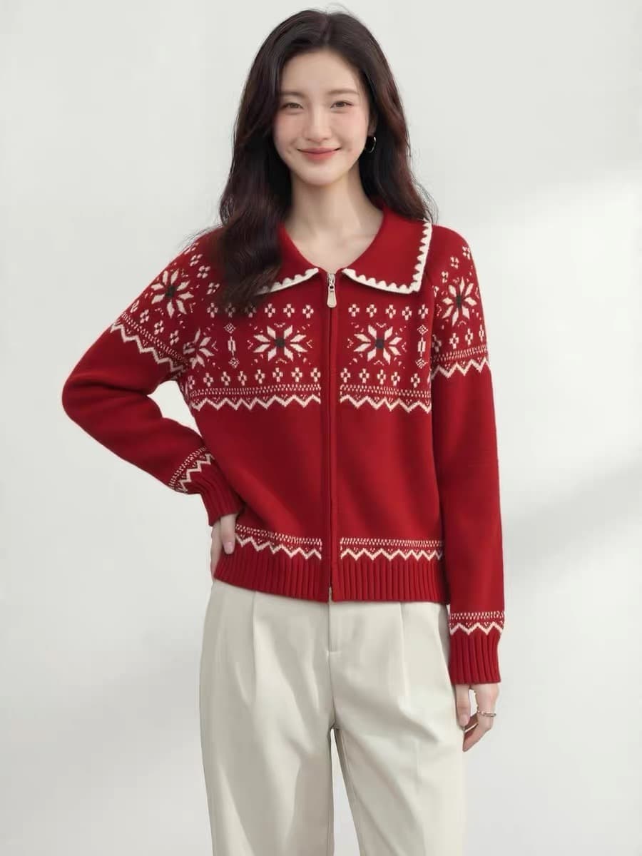 공정한 섬 바람 레트로 자카드 폴로 칼라 지퍼 니트 오픈 가디건 여성 빨간색 보온 두꺼운 스웨터 코트 상세 이미지 19