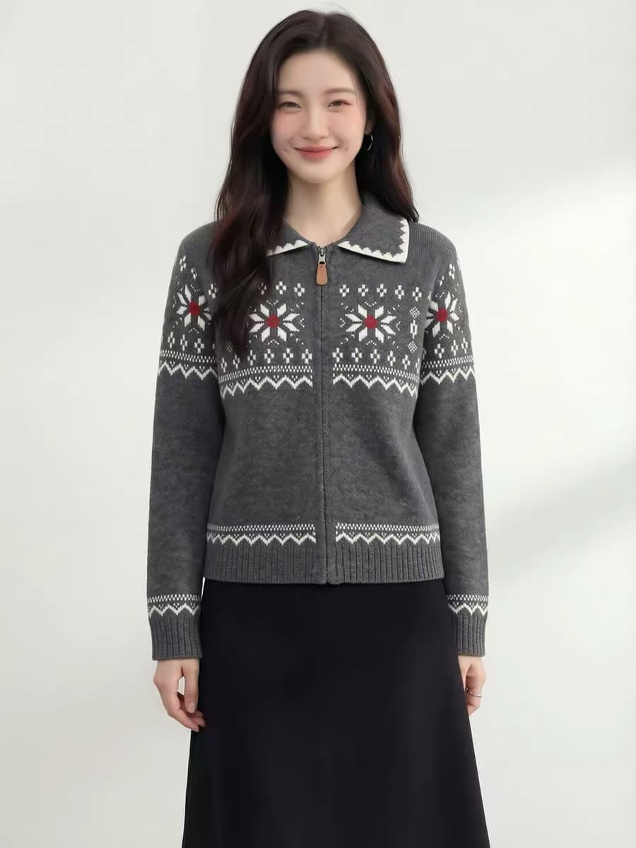 공정한 섬 바람 레트로 자카드 폴로 칼라 지퍼 니트 오픈 가디건 여성 빨간색 보온 두꺼운 스웨터 코트 상세 이미지 20