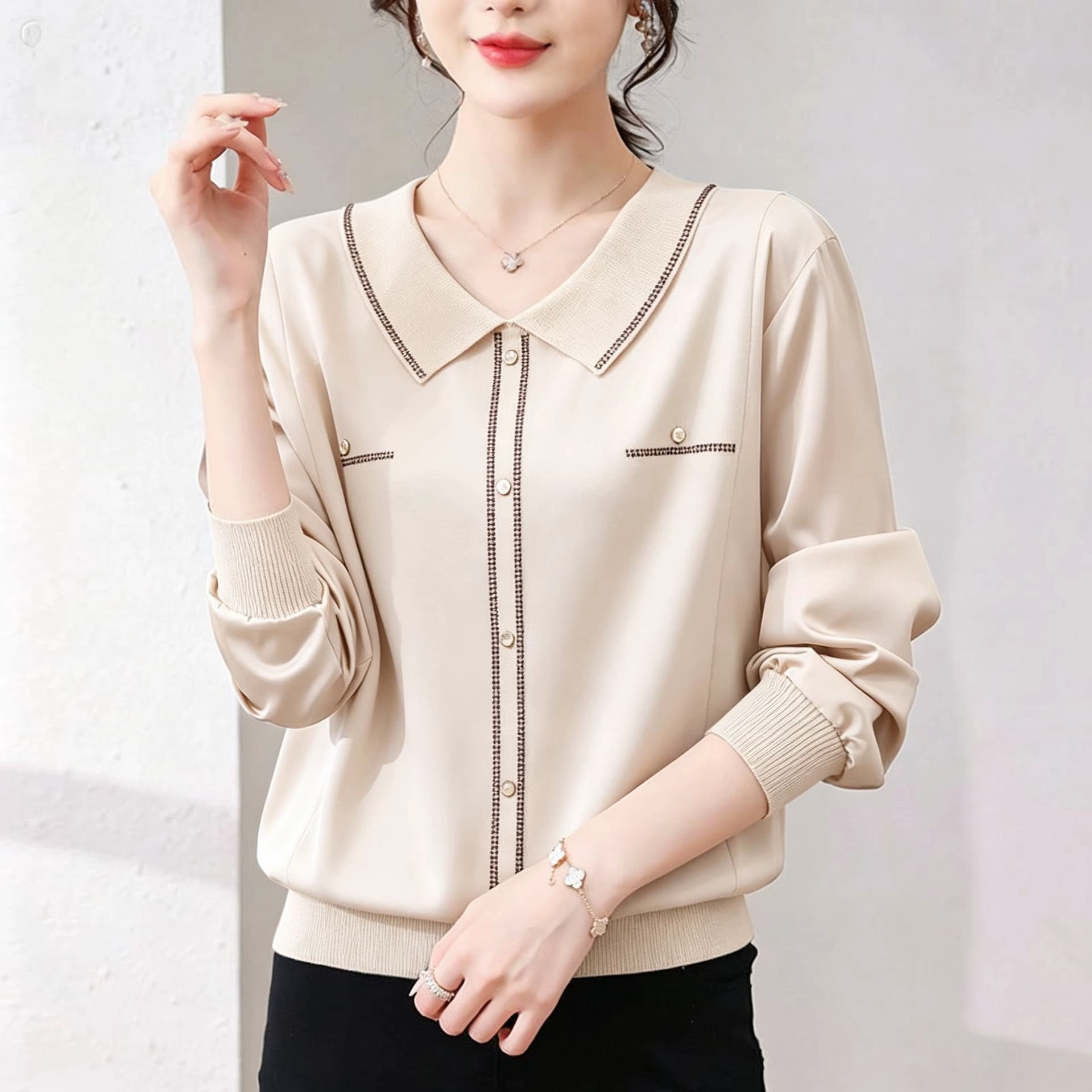 중년 엄마 봄 가을 새로운 폴로 칼라 맨위 여성 베이비 칼라 스웨터 연령 감소 루즈핏 얼음 실크 니트 스웨터 상세 이미지 2
