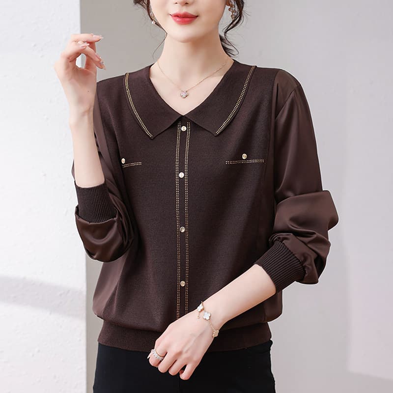 중년 엄마 봄 가을 새로운 폴로 칼라 맨위 여성 베이비 칼라 스웨터 연령 감소 루즈핏 얼음 실크 니트 스웨터 상세 이미지 6