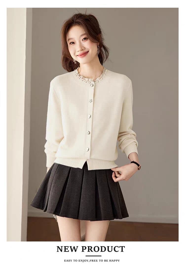 작은 샤넬 스타일 비즈 박기 라운드 넥 니트 오픈 가디건 여성 짧은 레이스 조각 단추 다용도 슬림해 보이는 스웨터 연령 감소 맨위 상세 이미지 6