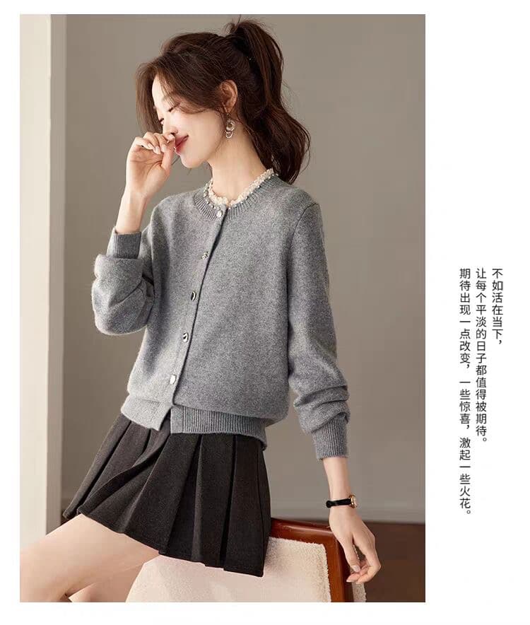 작은 샤넬 스타일 비즈 박기 라운드 넥 니트 오픈 가디건 여성 짧은 레이스 조각 단추 다용도 슬림해 보이는 스웨터 연령 감소 맨위 상세 이미지 13