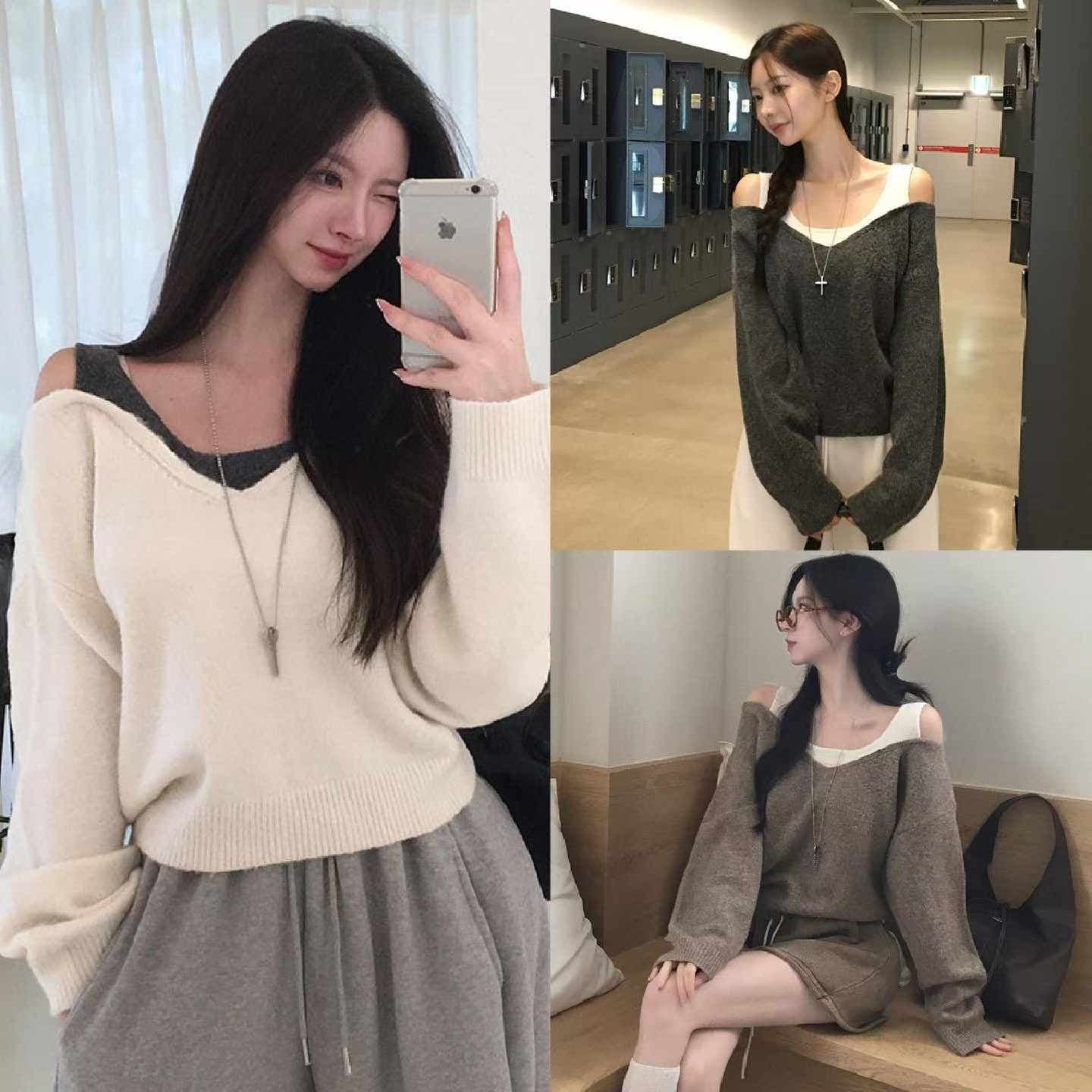 캐주얼 페이크 레이어드 배색 스웨터 니트 스웨터 여성 2026 봄 가을 새로운 느긋한 바람 오프숄더 루즈핏 Chic 맨위 이미지 5