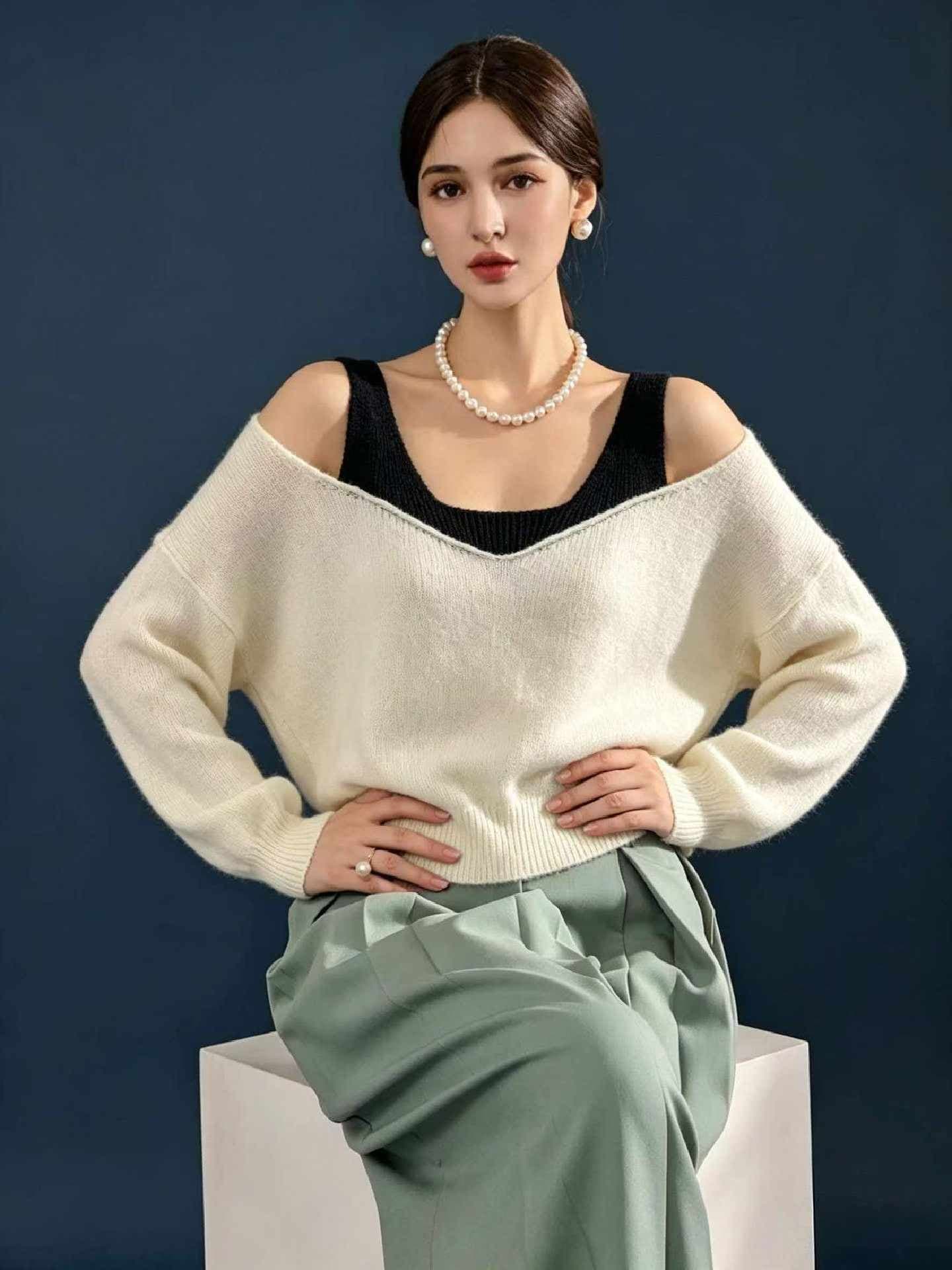 캐주얼 페이크 레이어드 배색 스웨터 니트 스웨터 여성 2026 봄 가을 새로운 느긋한 바람 오프숄더 루즈핏 Chic 맨위 상세 이미지 3