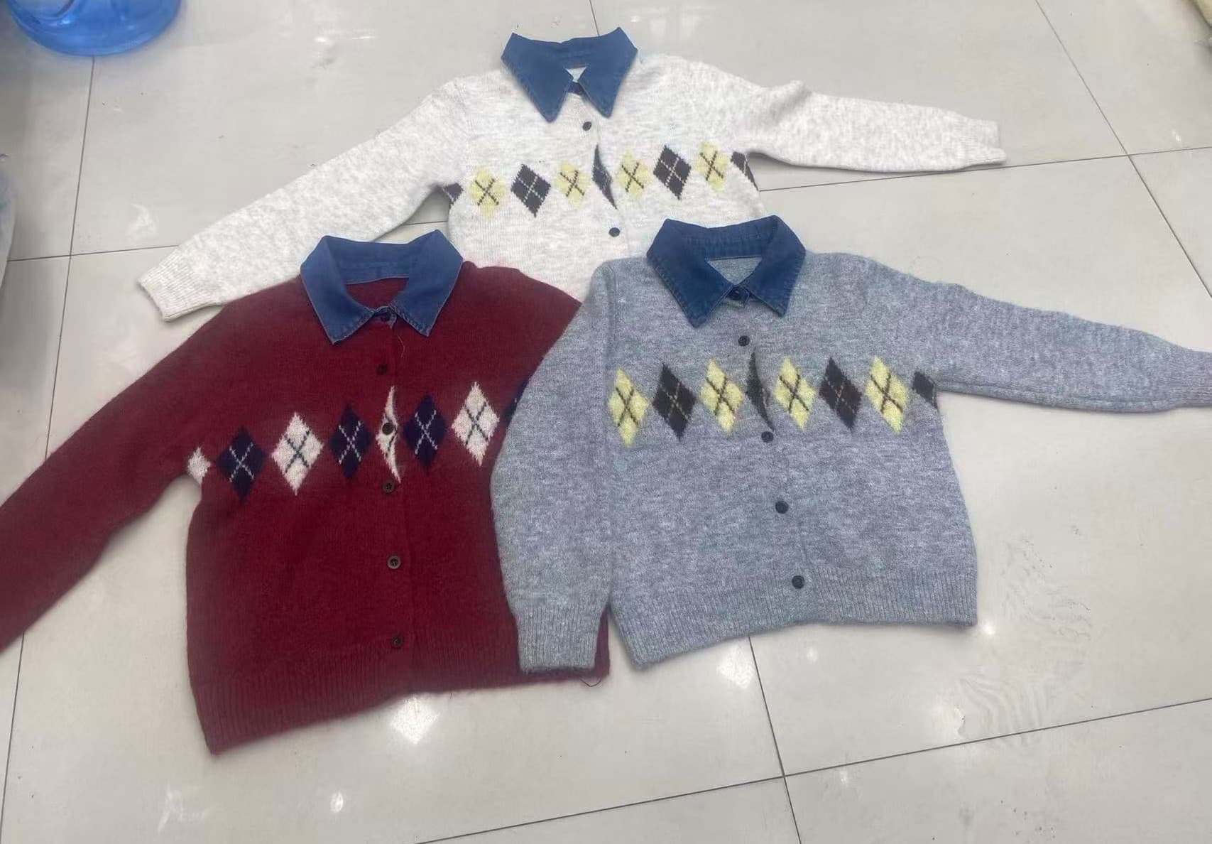 링 그리드 데님 POLO 칼라 긴팔 니트 카디건 코트 스웨터 여자 가을 겨울 이미지 4