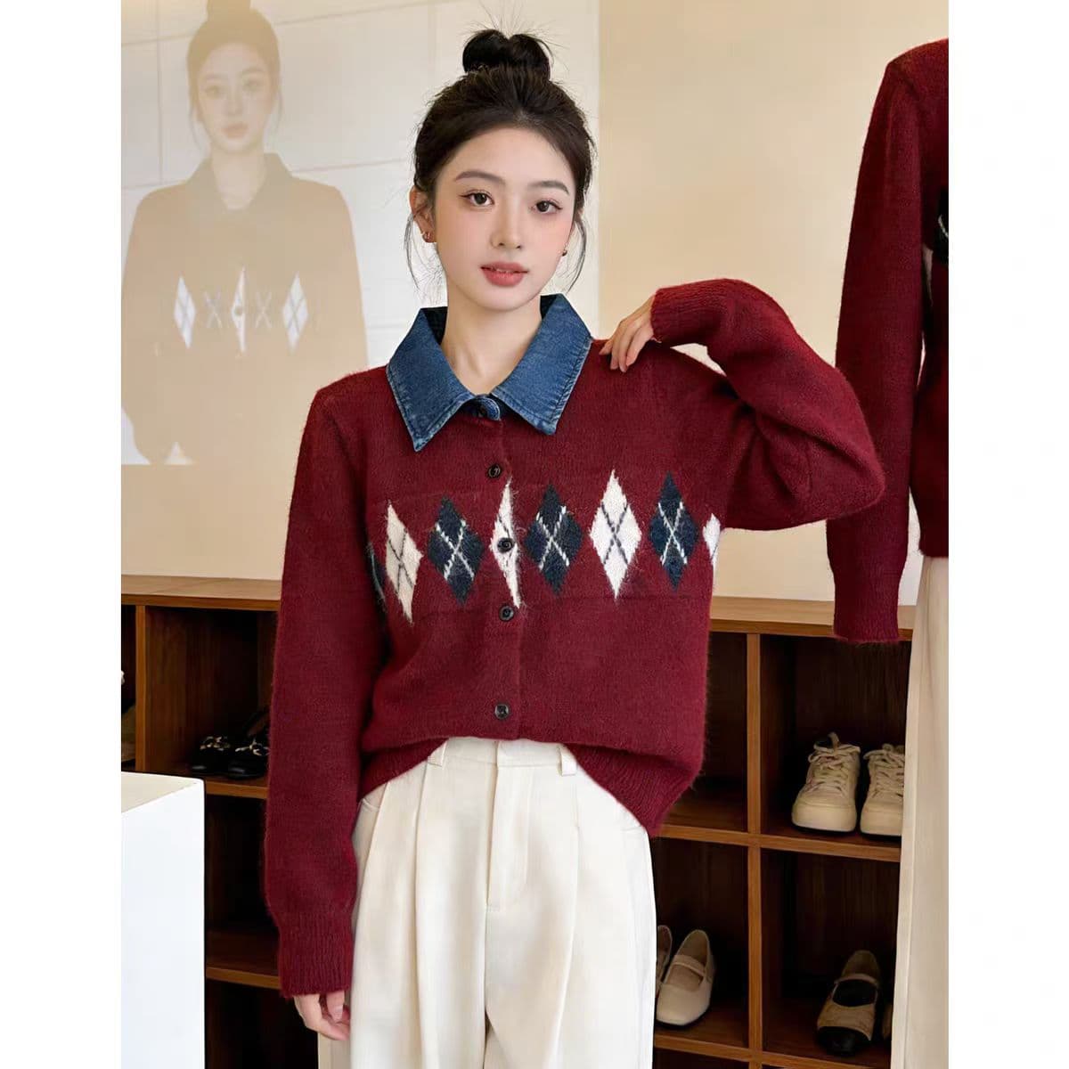 링 그리드 데님 POLO 칼라 긴팔 니트 카디건 코트 스웨터 여자 가을 겨울 상세 이미지 1