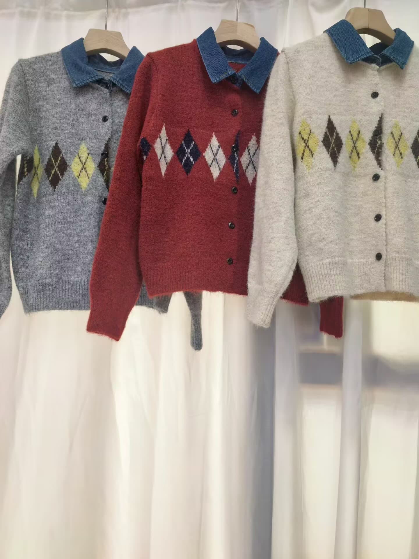 링 그리드 데님 POLO 칼라 긴팔 니트 카디건 코트 스웨터 여자 가을 겨울 상세 이미지 5