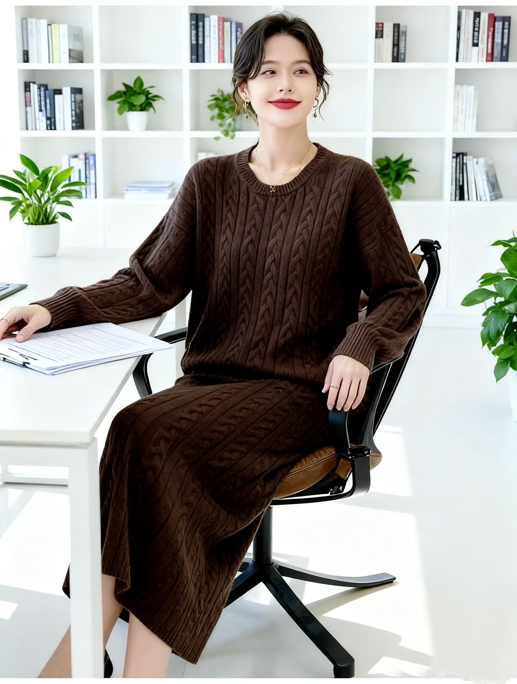 느긋한 바람 라운드 넥 마 무늬 니트 두 조각 여성 세트 가을 겨울 새로운 두꺼운 스웨터 반신 스커트 패션 세트 여성 상세 이미지 10
