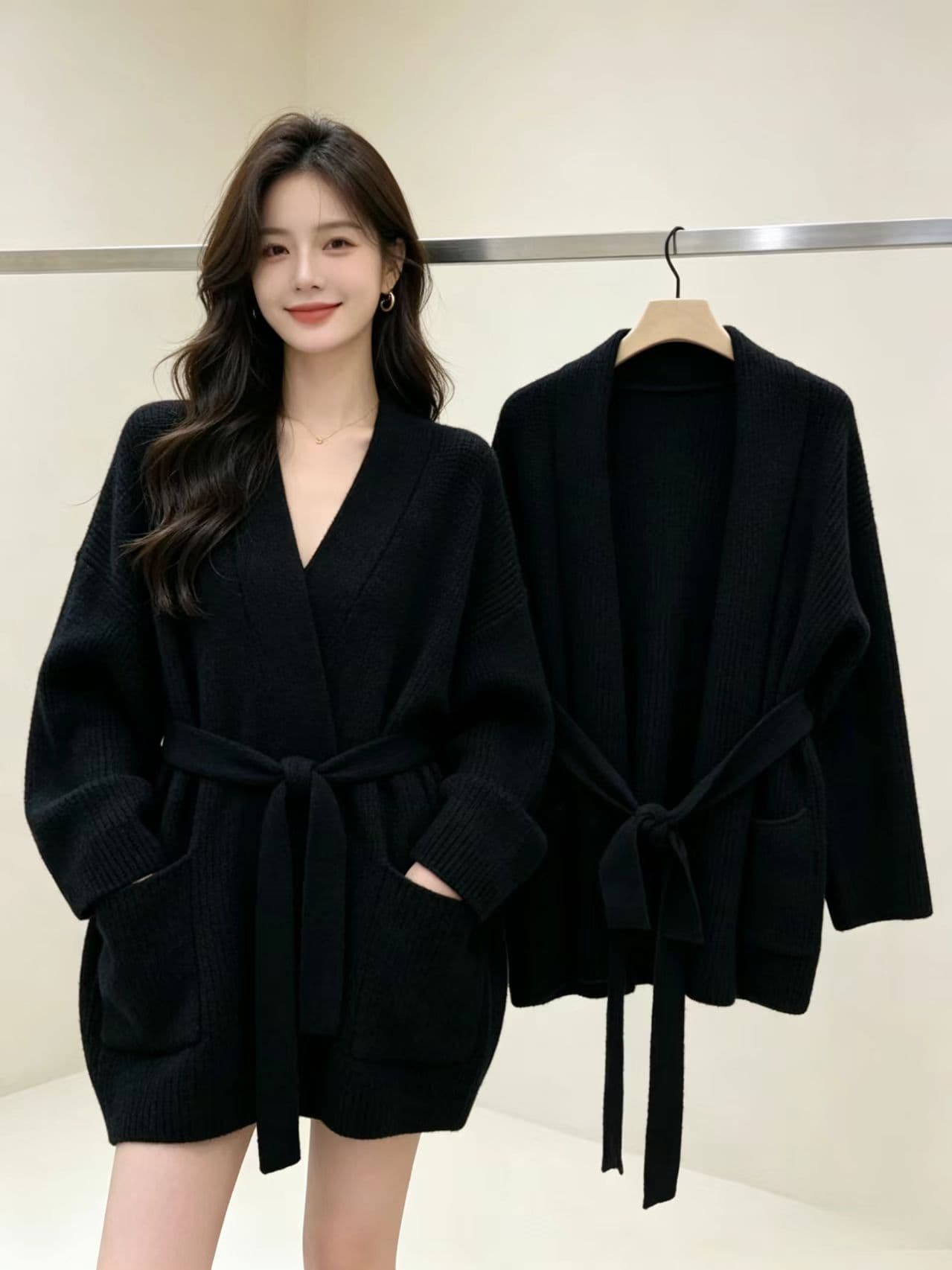 한 부서 스트랩 니트 오픈 가디건 여성 루즈핏 느긋한 바람 이른 가을 부드러운 찹쌀 스웨터 코트 슬림해 보이는 유럽 상품 품격 외부 가져 가라. 이미지 4