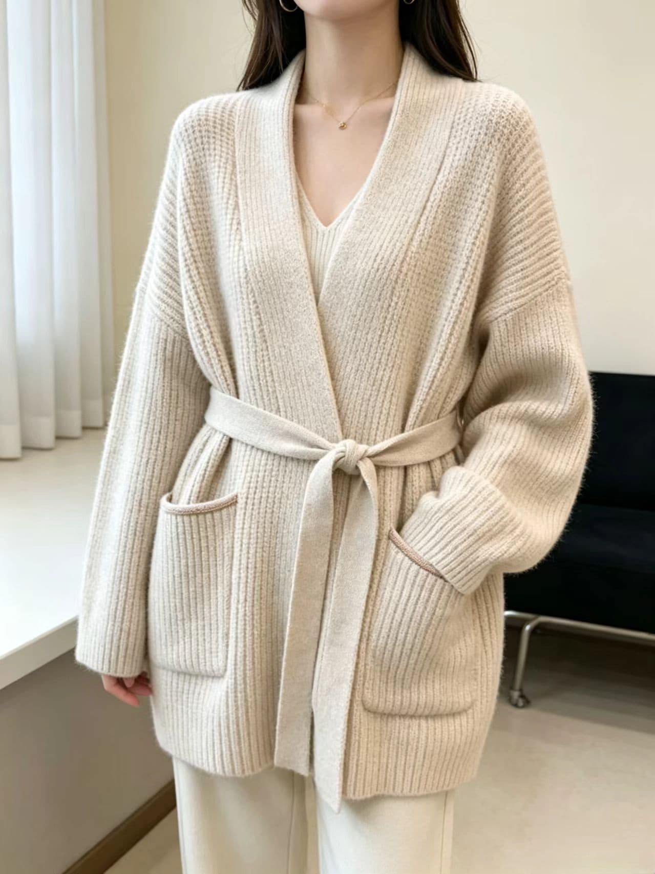 한 부서 스트랩 니트 오픈 가디건 여성 루즈핏 느긋한 바람 이른 가을 부드러운 찹쌀 스웨터 코트 슬림해 보이는 유럽 상품 품격 외부 가져 가라. 이미지 2