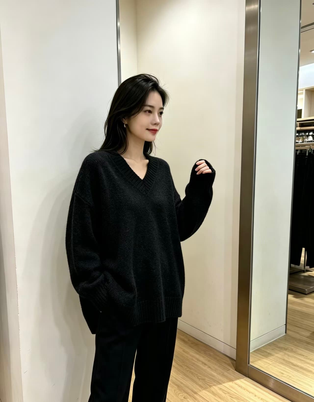빅 사이즈 지방 mm 가을 겨울 새로운 V넥 루즈핏 미니멀리즘 가을 어깨 소매 풀오버 긴팔 맨위 스웨터 이미지 4