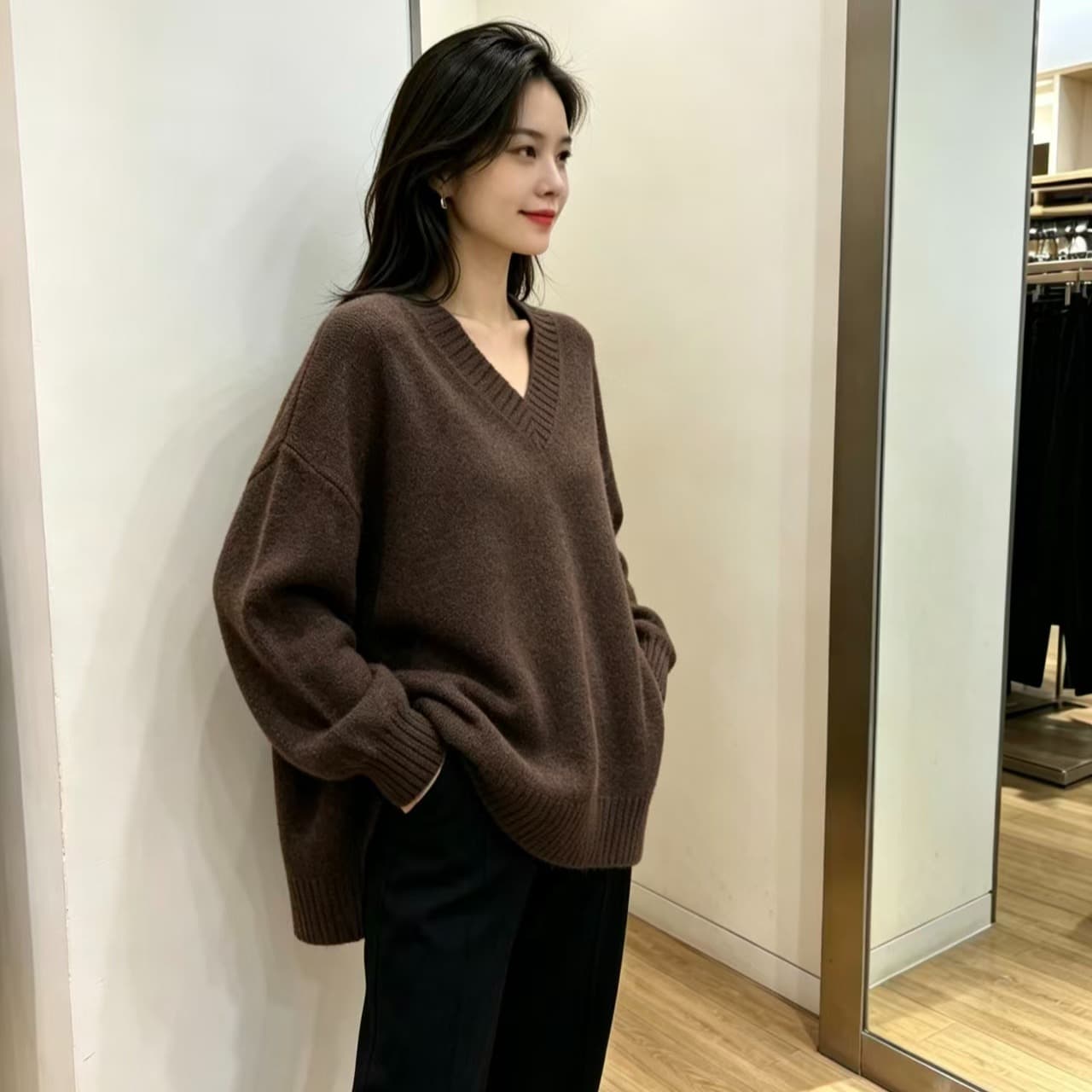 빅 사이즈 지방 mm 가을 겨울 새로운 V넥 루즈핏 미니멀리즘 가을 어깨 소매 풀오버 긴팔 맨위 스웨터