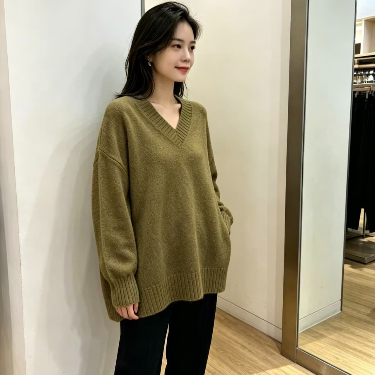 빅 사이즈 지방 mm 가을 겨울 새로운 V넥 루즈핏 미니멀리즘 가을 어깨 소매 풀오버 긴팔 맨위 스웨터 이미지 5