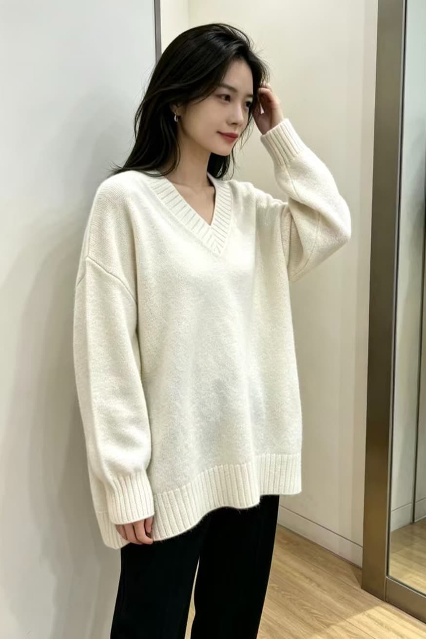 빅 사이즈 지방 mm 가을 겨울 새로운 V넥 루즈핏 미니멀리즘 가을 어깨 소매 풀오버 긴팔 맨위 스웨터 이미지 6