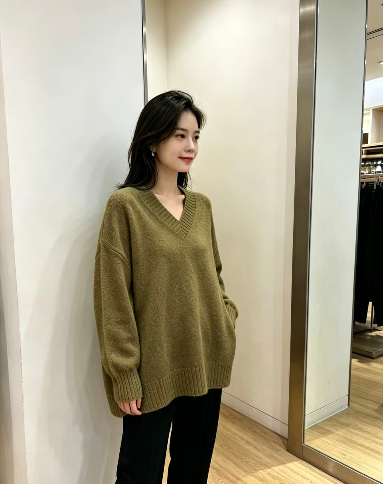 빅 사이즈 지방 mm 가을 겨울 새로운 V넥 루즈핏 미니멀리즘 가을 어깨 소매 풀오버 긴팔 맨위 스웨터 상세 이미지 5