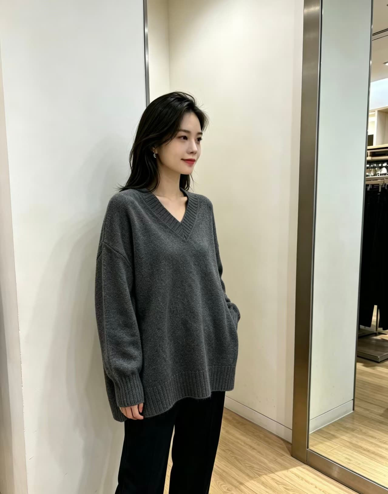 빅 사이즈 지방 mm 가을 겨울 새로운 V넥 루즈핏 미니멀리즘 가을 어깨 소매 풀오버 긴팔 맨위 스웨터 상세 이미지 7