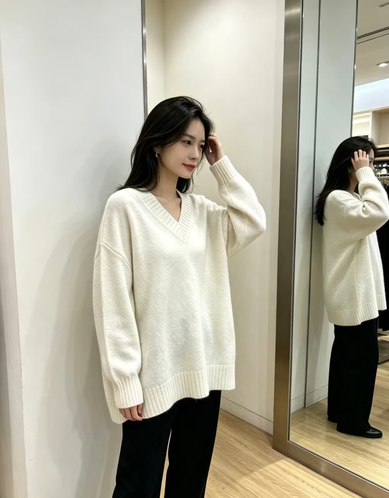 빅 사이즈 지방 mm 가을 겨울 새로운 V넥 루즈핏 미니멀리즘 가을 어깨 소매 풀오버 긴팔 맨위 스웨터 상세 이미지 8