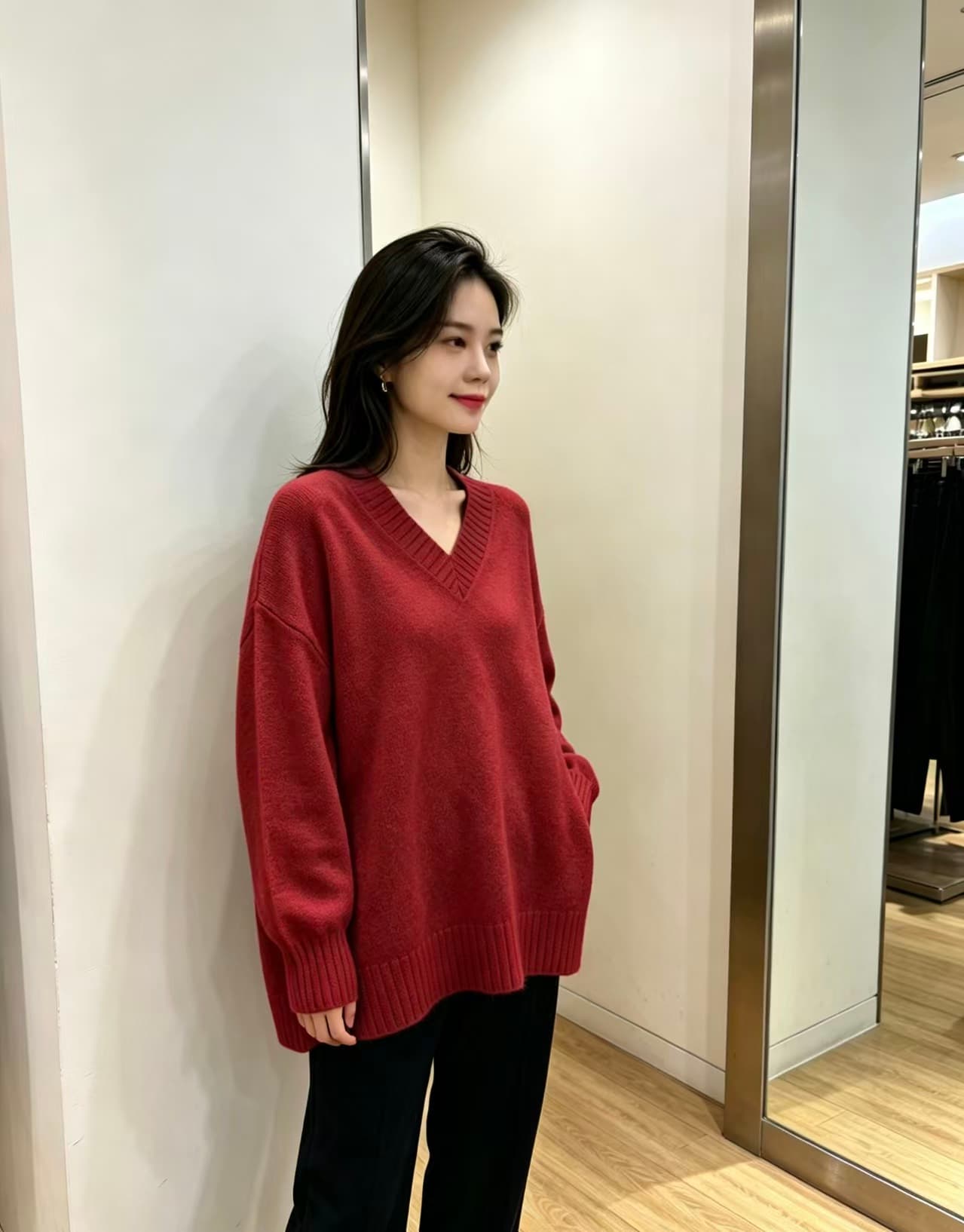 빅 사이즈 지방 mm 가을 겨울 새로운 V넥 루즈핏 미니멀리즘 가을 어깨 소매 풀오버 긴팔 맨위 스웨터 상세 이미지 9