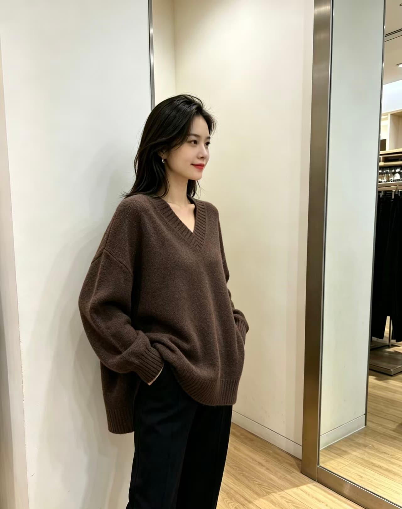 빅 사이즈 지방 mm 가을 겨울 새로운 V넥 루즈핏 미니멀리즘 가을 어깨 소매 풀오버 긴팔 맨위 스웨터 상세 이미지 11