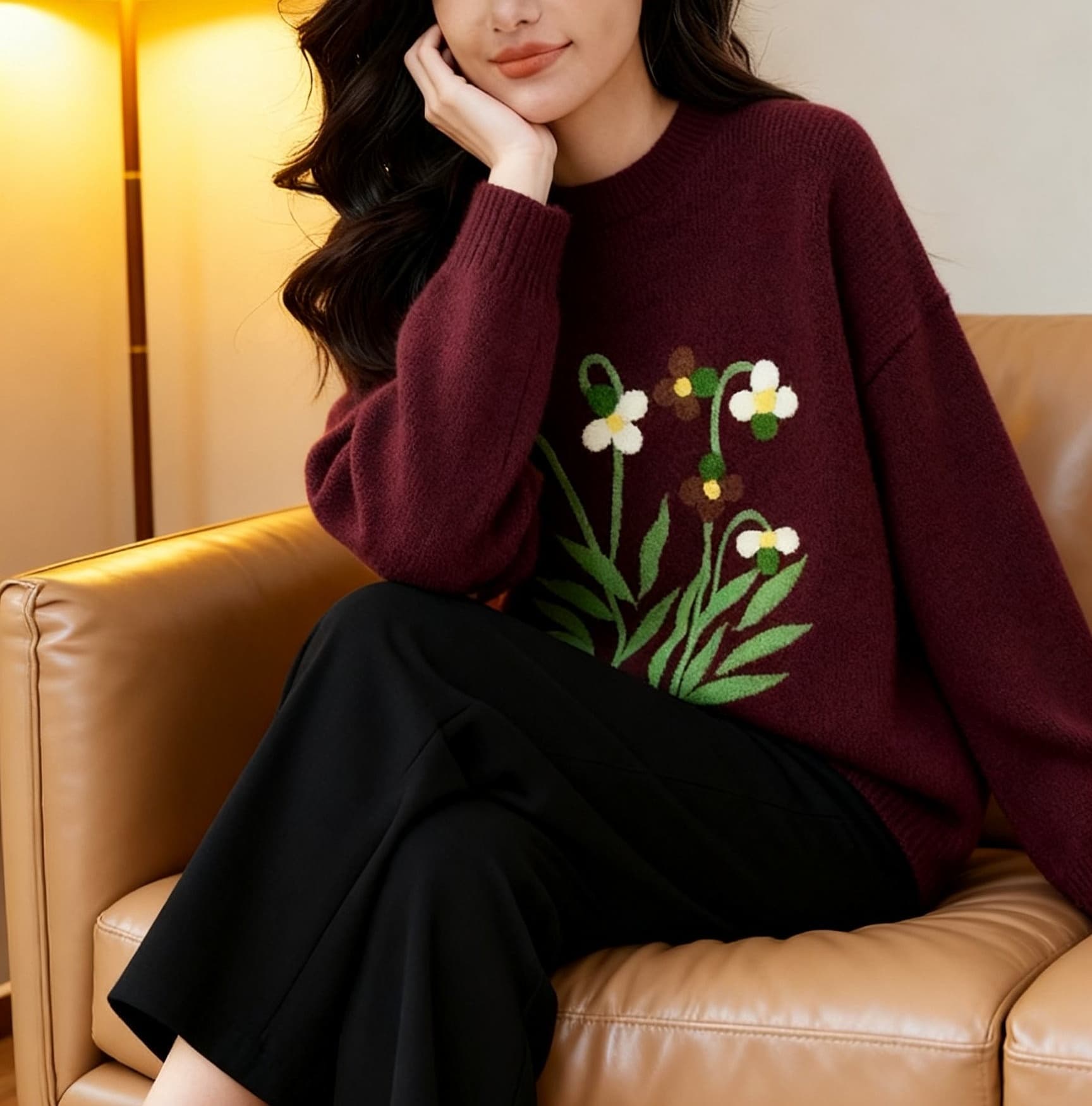 질감 신선함 아름다운 꽃 자카드 2026 가을 의상 루즈핏 라운드 넥 풀오버 스웨터 여자 풀오버 맨위 상세 이미지 2