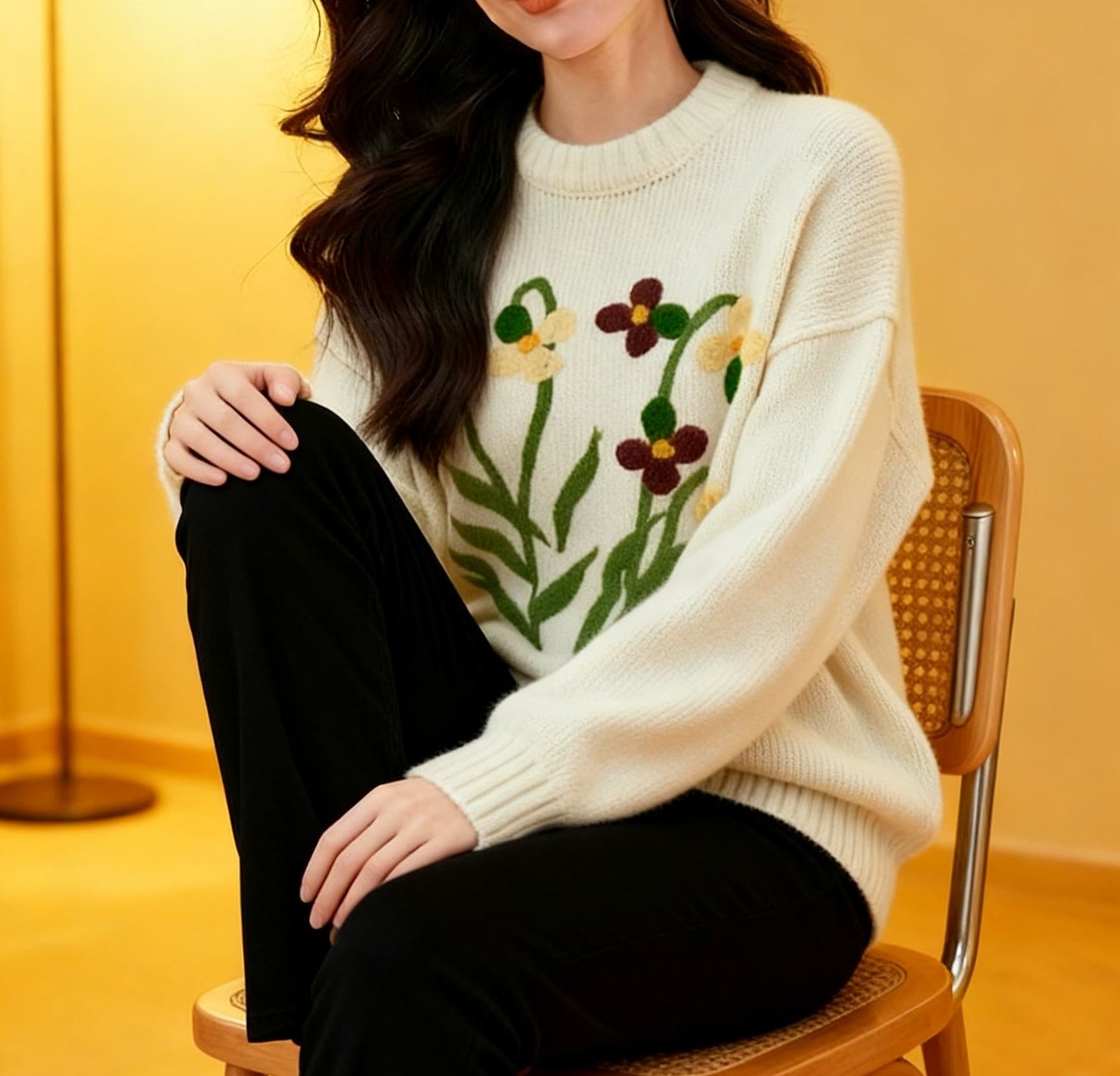 질감 신선함 아름다운 꽃 자카드 2026 가을 의상 루즈핏 라운드 넥 풀오버 스웨터 여자 풀오버 맨위 상세 이미지 5