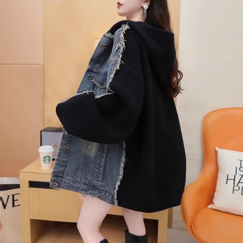 느긋한 후드티 후드 데님 패치워크 스웨터 여자 가을 겨울 새로운 외부 가져 가라. 루즈핏 니트 오픈 가디건 페이크 레이어드 재킷 상세 이미지 5