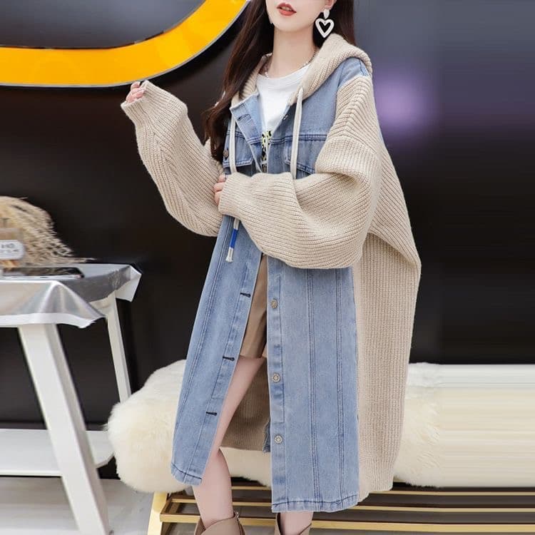 후드 패치워크 데님 여성 코트 가을 겨울 한국 스타일 중간 길이 무릎 아래 레트로 홍콩 느낌 루즈핏 워크웨어 대 바람막이 상세 이미지 5