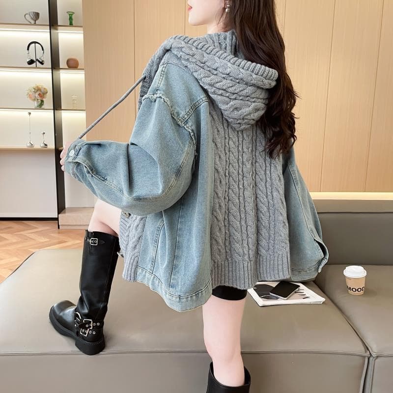 느긋한 바람 데님 패치워크 후드 스웨터 여자 외출용 가을 겨울 새로운 작은 대중 루즈핏 표지 고기 니트 카디건 코트 이미지 3