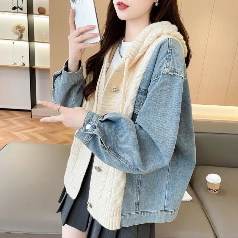 느긋한 바람 데님 패치워크 후드 스웨터 여자 외출용 가을 겨울 새로운 작은 대중 루즈핏 표지 고기 니트 카디건 코트