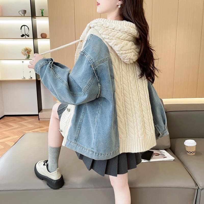 느긋한 바람 데님 패치워크 후드 스웨터 여자 외출용 가을 겨울 새로운 작은 대중 루즈핏 표지 고기 니트 카디건 코트 상세 이미지 2