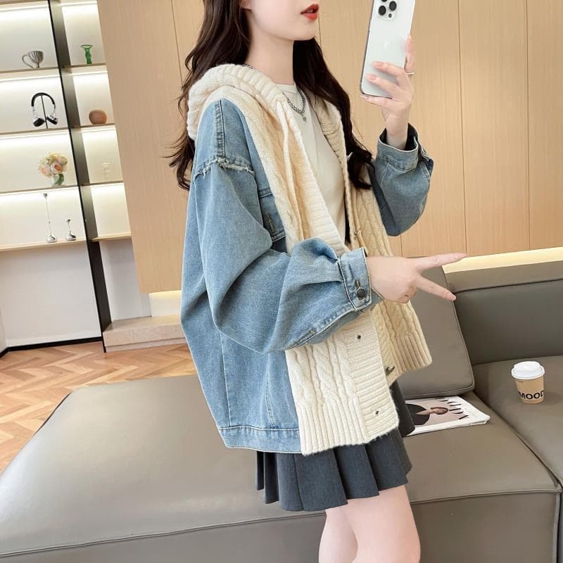 느긋한 바람 데님 패치워크 후드 스웨터 여자 외출용 가을 겨울 새로운 작은 대중 루즈핏 표지 고기 니트 카디건 코트 상세 이미지 3