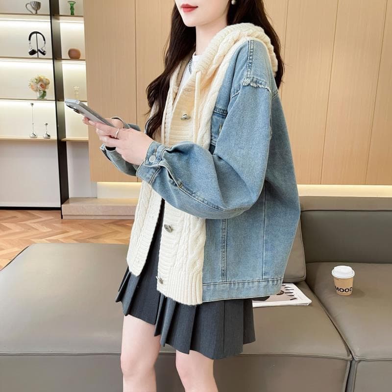 느긋한 바람 데님 패치워크 후드 스웨터 여자 외출용 가을 겨울 새로운 작은 대중 루즈핏 표지 고기 니트 카디건 코트 상세 이미지 5